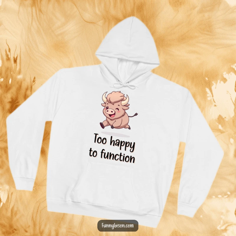 Funny kawaii bison prancing with exaggerated delight, showcased on a cozy hoodie, perfect for those who love cheerful and funny apparel.
