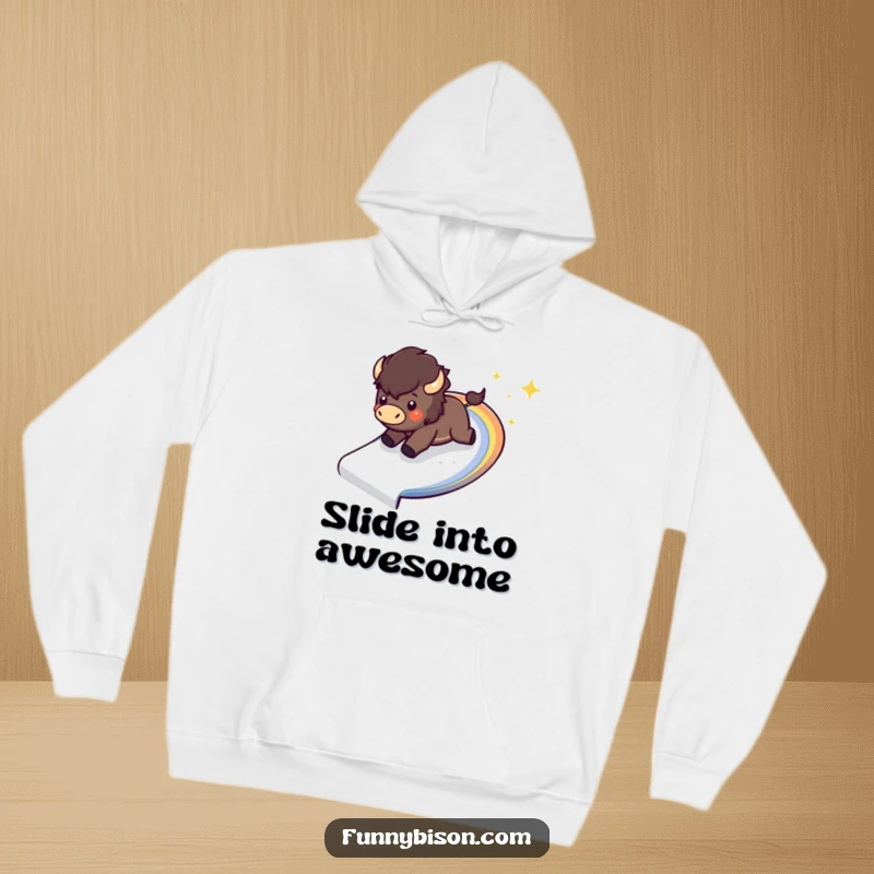 Funny Kawaii bison hoodie depicting a happy bison excitedly sliding down a sparkling, curved rainbow slide, ideal for cozy thrill.
