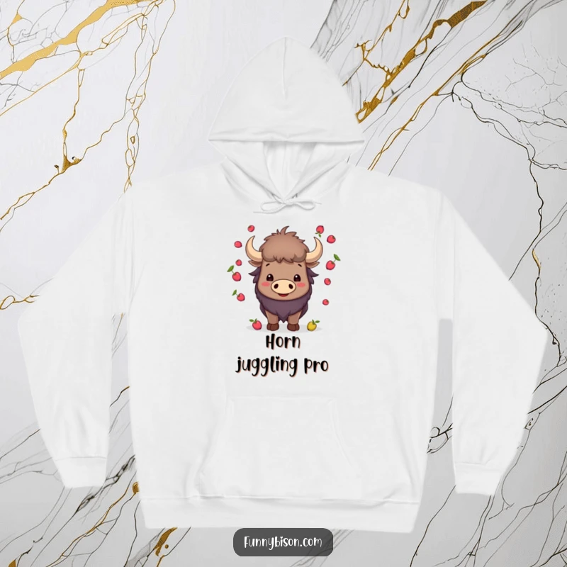Funny smiling bison juggling small red berries with its horns, featured on a cozy and humorous hoodie.