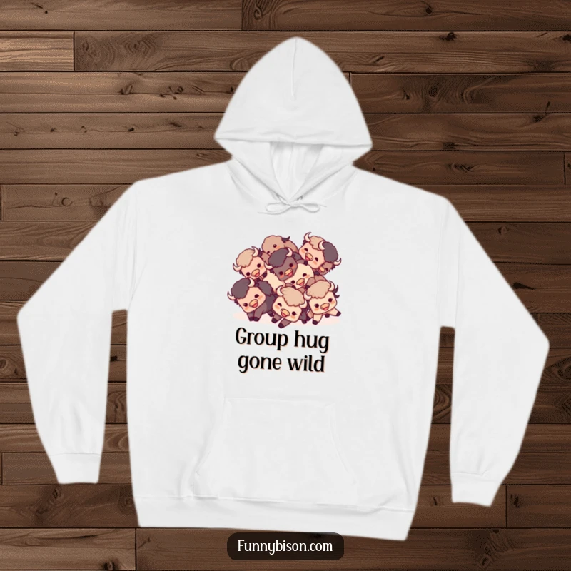 Funny Kawaii bison hoodie depicting a small group of happy bison playfully tumbling and rolling together, ideal for cozy camaraderie.