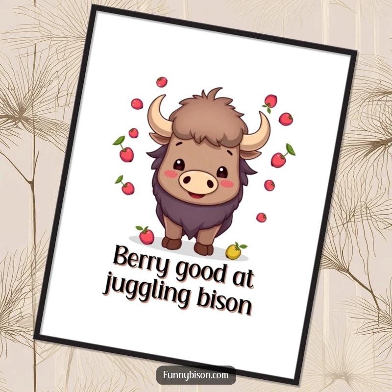 Funny Free Printable Wall Art: A smiling bison artistically juggling small red berries with its impressive horns.