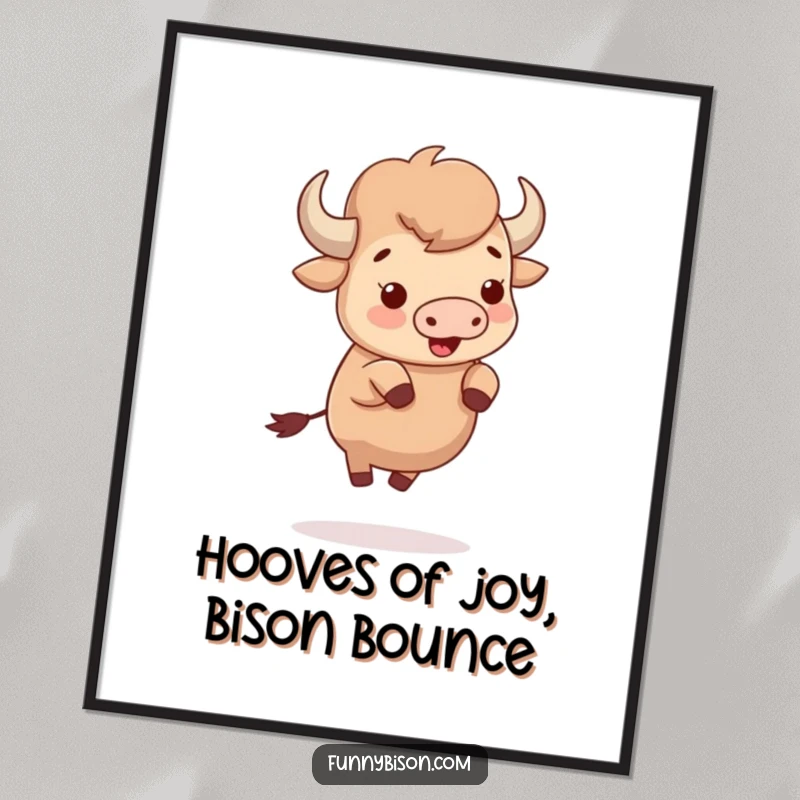Funny Free Printable Wall Art: A cute bison mid-bounce, full of uncontainable delight and happy energy.