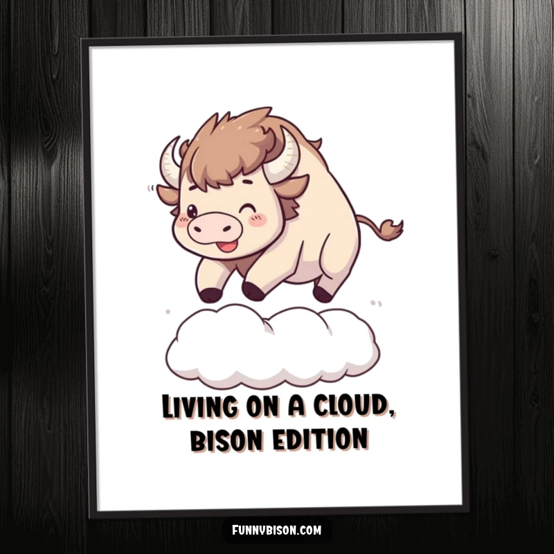 Funny Free Printable Wall Art depicting a Kawaii bison joyfully bouncing with enthusiasm on a large, plush, soft cloud.