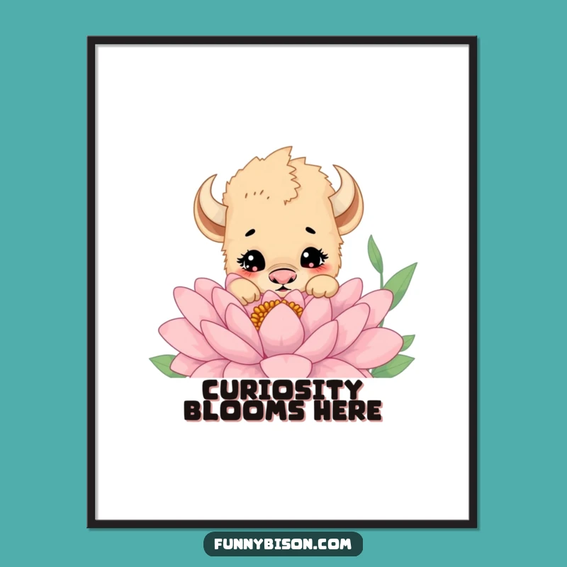 Funny Free Printable Wall Art: Curious Bison Cub Flower Downloadable Decor