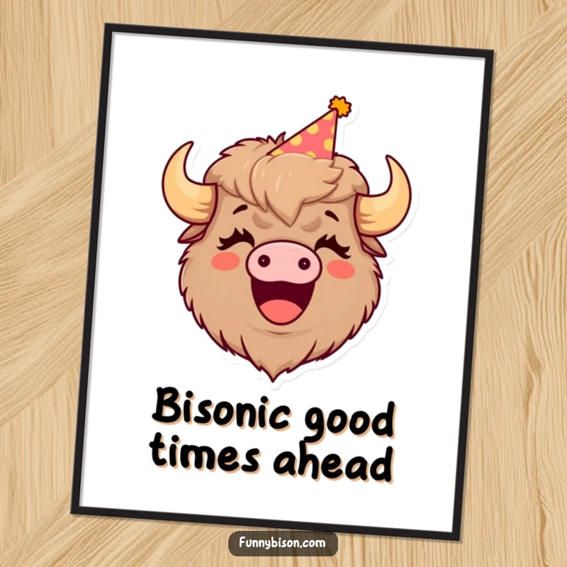 Funny Free Printable Wall Art: A bison in a party hat, face contorted in a hearty laugh, ready to bring joy to any room. Downloadable.