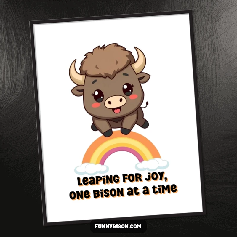 Funny Free Printable Wall Art: Adorable Kawaii bison with wide eyes joyfully leaping over a small, stylized rainbow.