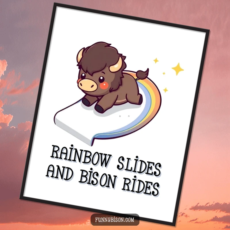 Funny Free Printable Wall Art depicting a Kawaii bison excitedly sliding down a sparkling, curved rainbow slide with joy.