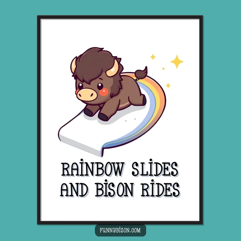 Funny Free Printable Wall Art: Kawaii Bison's Rainbow Slide