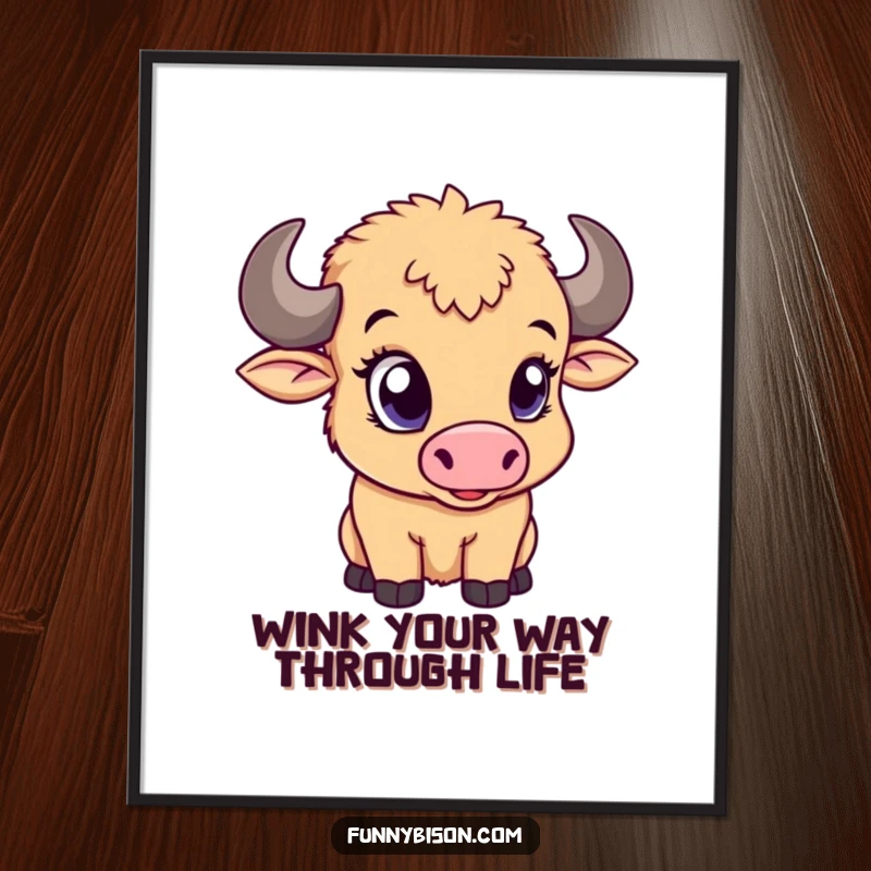 Funny Free Printable Wall Art: A charming bison calf winking with one large, expressive eye. Downloadable art for a touch of whimsy.