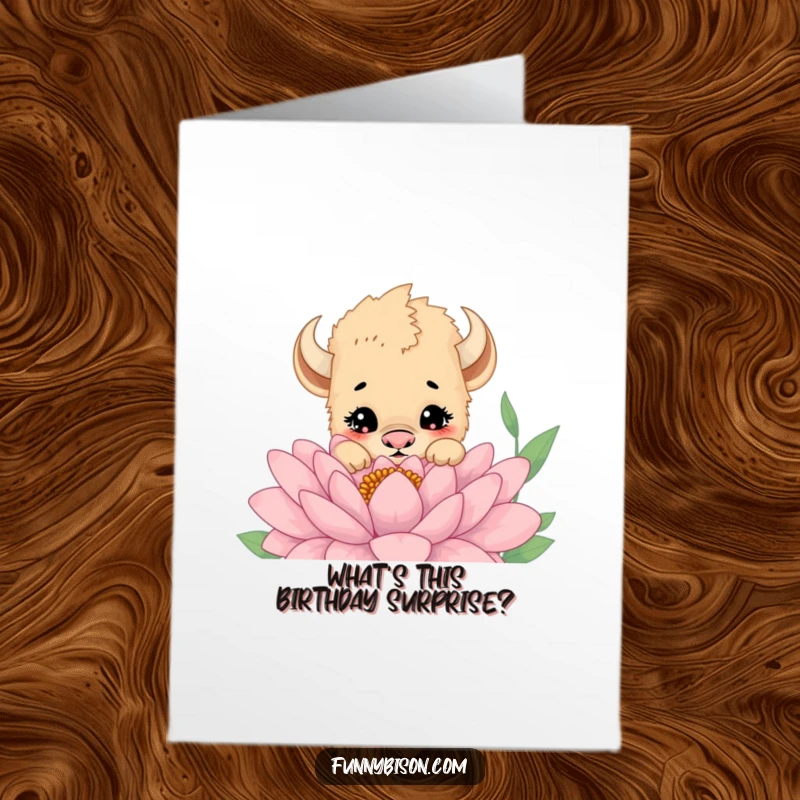 Funny Free Printable Birthday Card featuring a cute bison cub peeking curiously over a large flower. Downloadable birthday surprise.