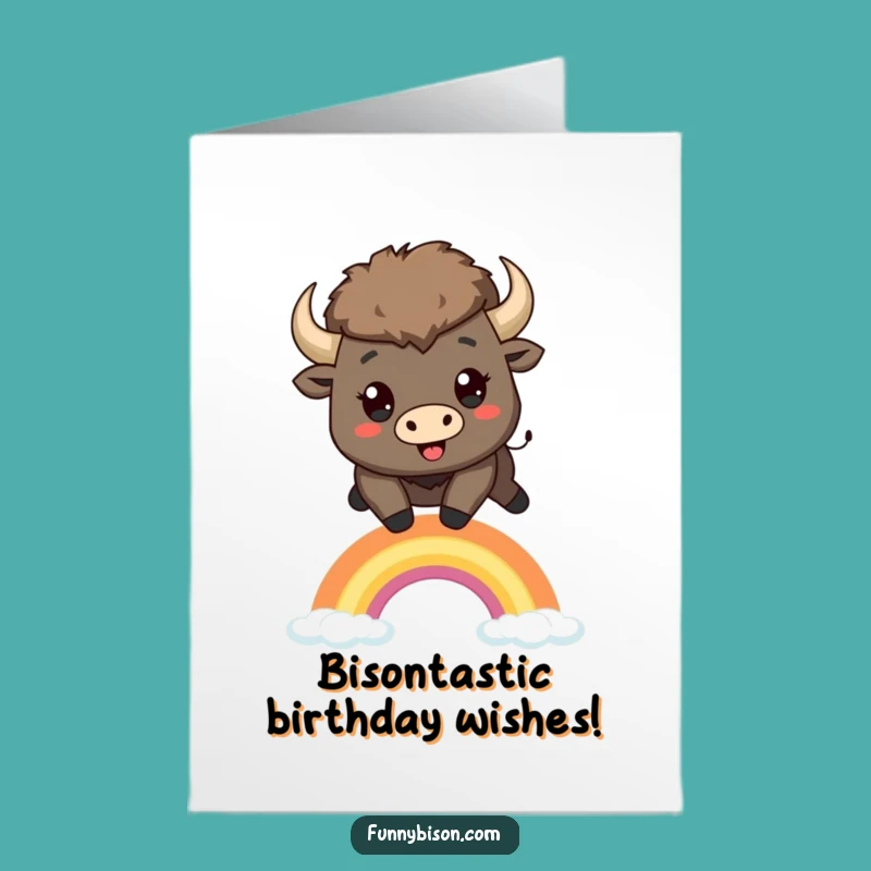 Free Printable Birthday Card: Funny Kawaii Bison Leaping Over Rainbow