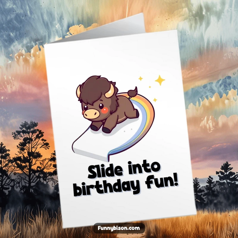 Funny Free Printable Birthday Card showing a Kawaii bison gleefully sliding down a sparkling, curved rainbow slide.