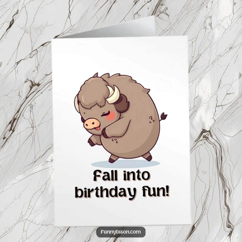 Funny Free Printable Birthday Card: A chubby bison tripping playfully and landing humorously on its fluffy backside.