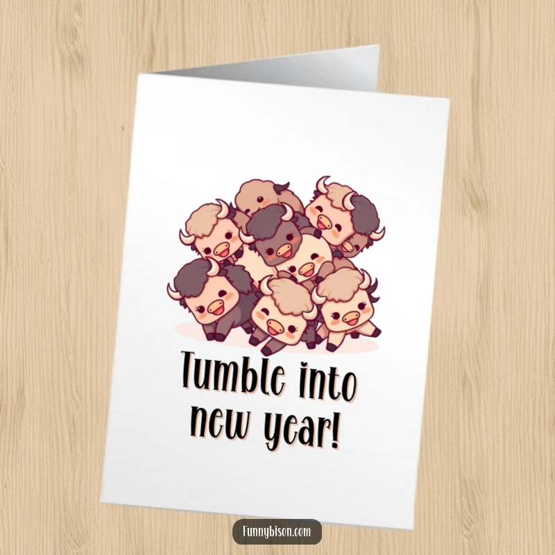 Funny Free Printable Birthday Card showing a small group of Kawaii bison playfully tumbling together in a happy pile.
