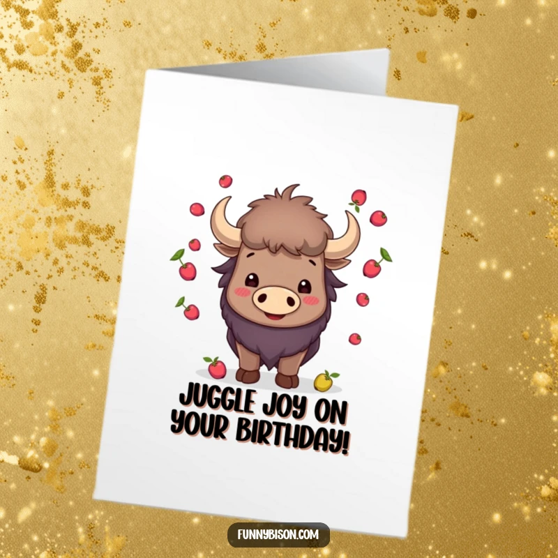 Funny Free Printable Birthday Card: A smiling bison skillfully juggling small red berries with its curved horns.