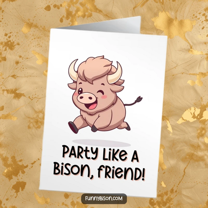 Funny Free Printable Birthday Card: Kawaii bison prancing with exaggerated happiness, hooves in the air.
