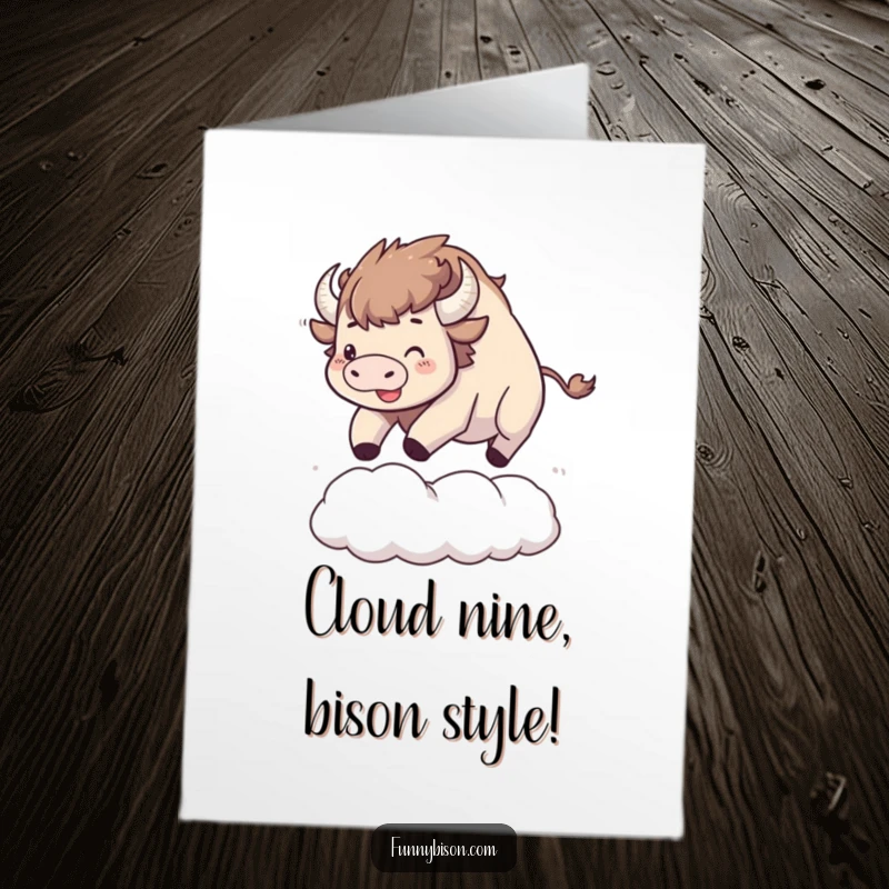 Funny Free Printable Congratulations Card featuring a happy Kawaii bison bouncing with excitement on a big, soft cloud.