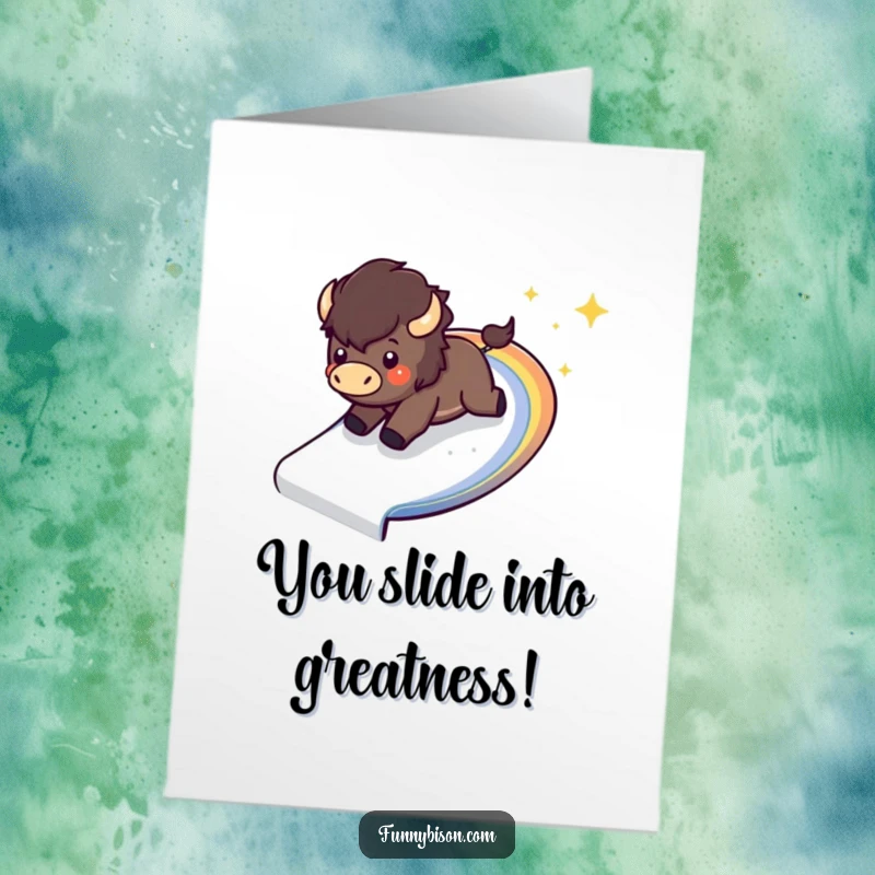 Funny Free Printable Congratulations Card featuring a happy Kawaii bison excitedly sliding down a sparkling, curved rainbow.