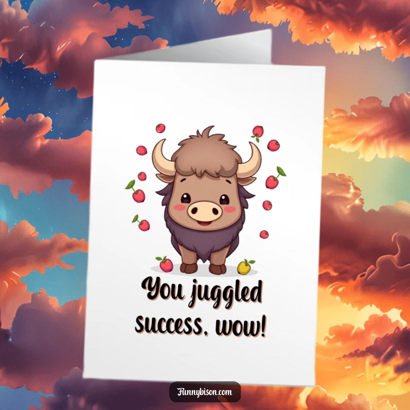 Funny Free Printable Congratulations Card: A smiling bison expertly juggling small berries on its horns.