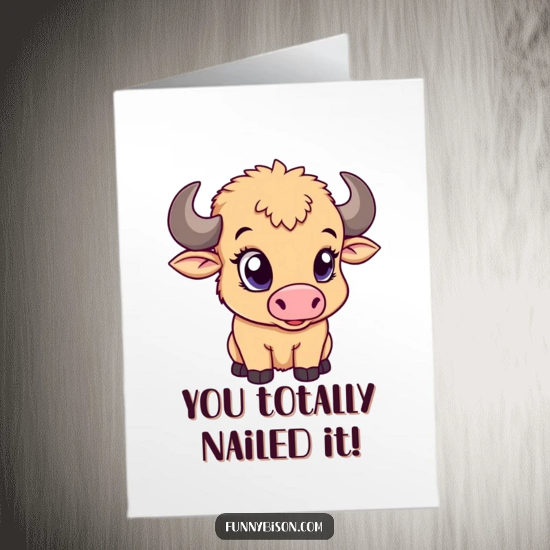 Funny Free Printable Congratulations Card showcasing a cute bison calf giving a mischievous wink with its big expressive eye. Downloadable joy.