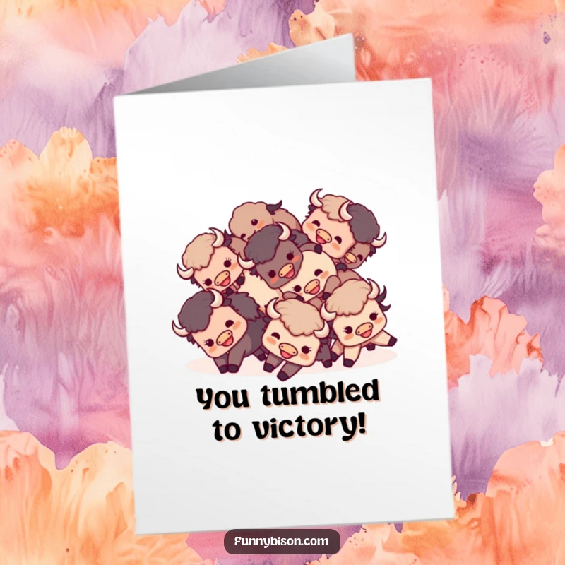 Funny Free Printable Congratulations Card featuring a happy group of Kawaii bison playfully tumbling together in a chaotic heap.