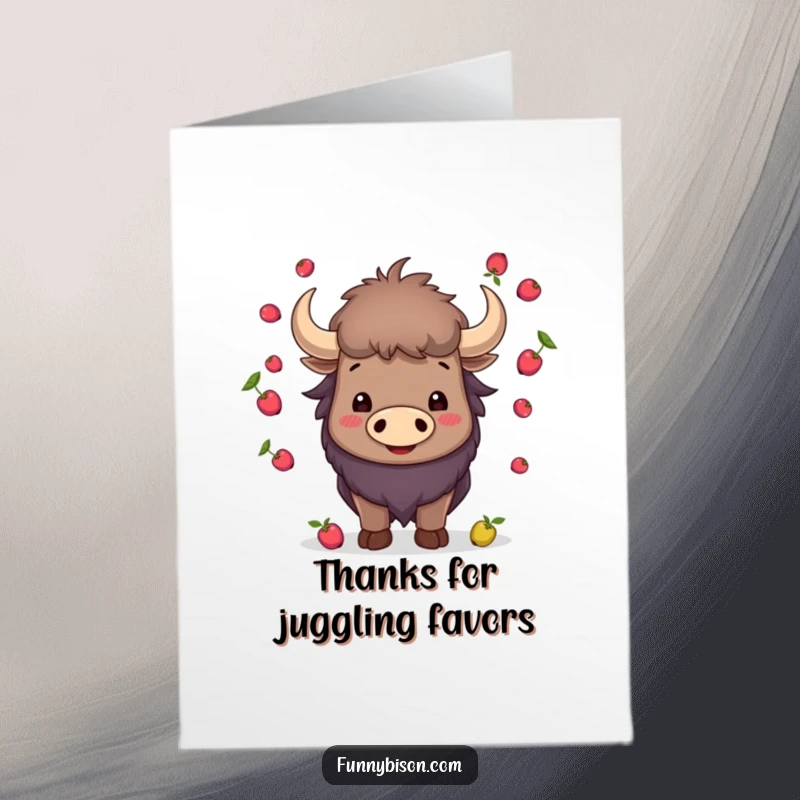 Funny Free Printable Thank You Card: A smiling bison demonstrating impressive juggling of small berries with its horns.