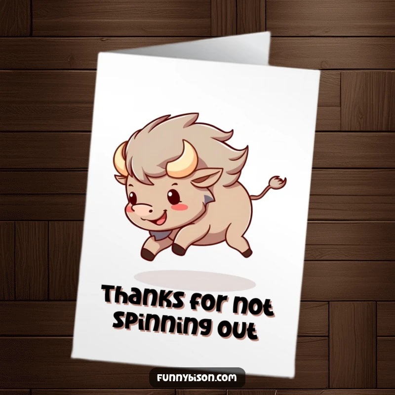 Funny Free Printable Thank You Card shows a delighted Kawaii bison joyfully chasing its own tail in a fun spin.