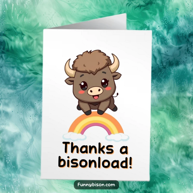 Funny Free Printable Thank You Card featuring a cheerful Kawaii bison mid-leap over a rainbow, conveying heartfelt thanks.