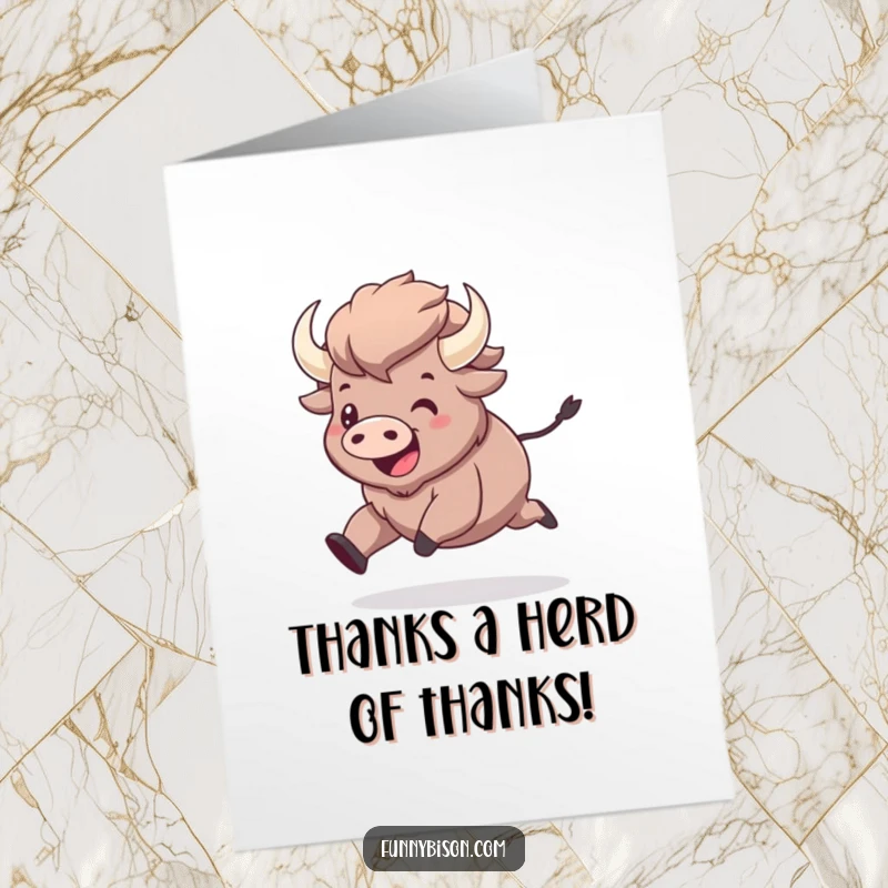 Funny Free Printable Thank You Card: Adorable kawaii bison prancing with exaggerated glee and wide eyes.