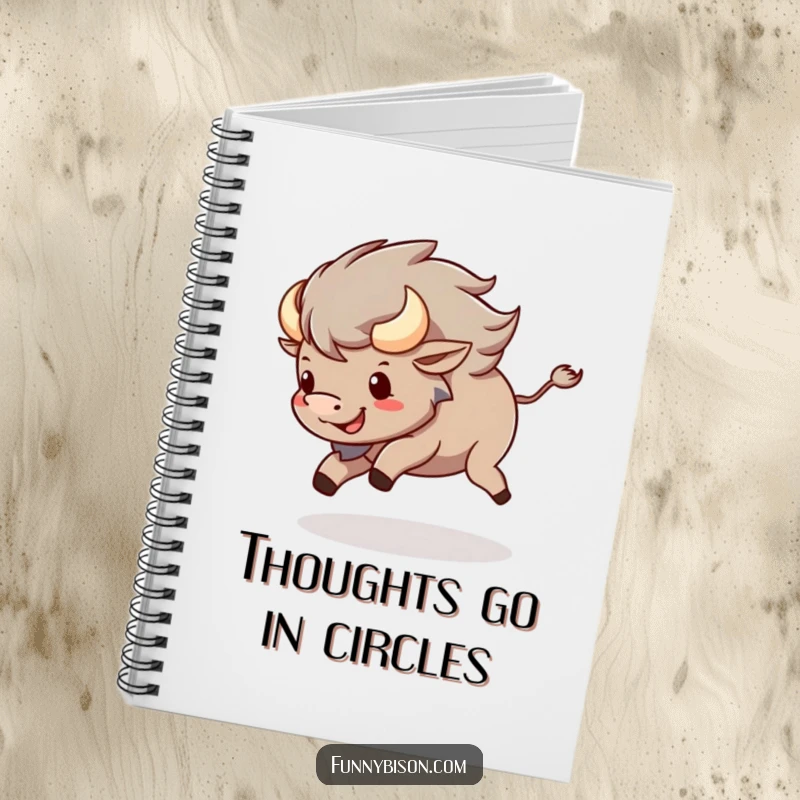 Funny Kawaii bison notebook with a happy bison spinning in a circle, chasing its tail, encouraging playful writing.