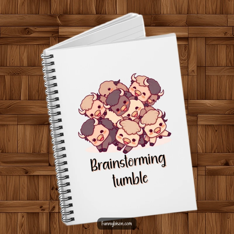 Funny Kawaii bison notebook with a small group of happy bison playfully tumbling together, encouraging playful and collaborative writing.