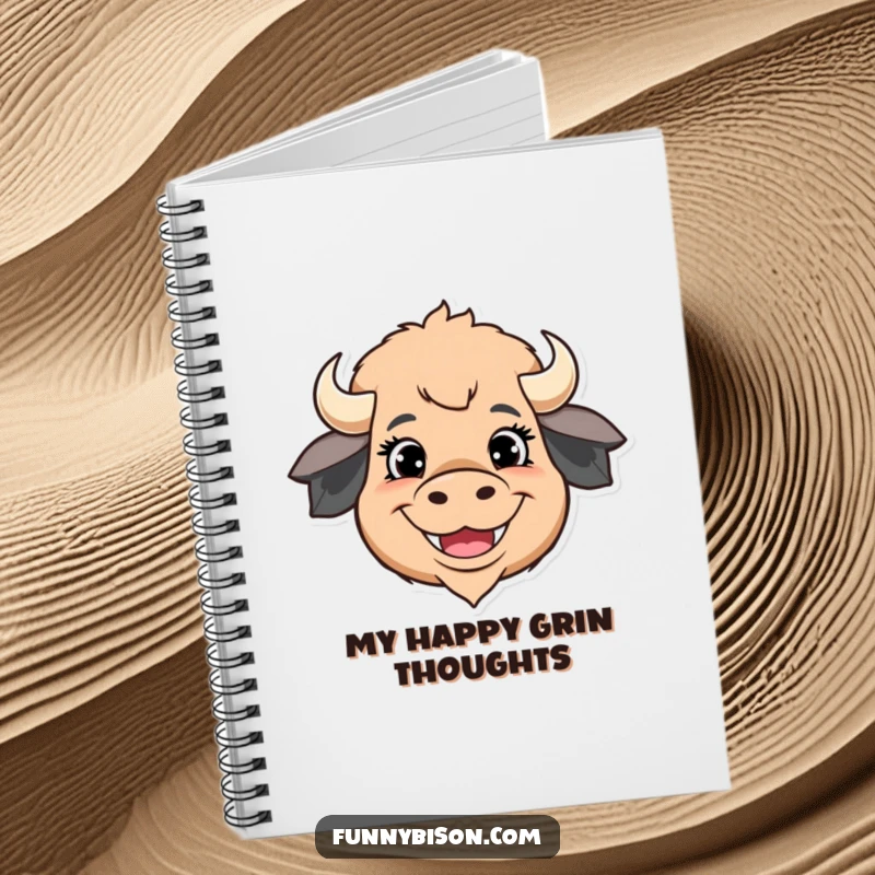 Funny notebook featuring a stylized bison head with exaggerated happy eyes and a wide grin, perfect for capturing joyful thoughts.