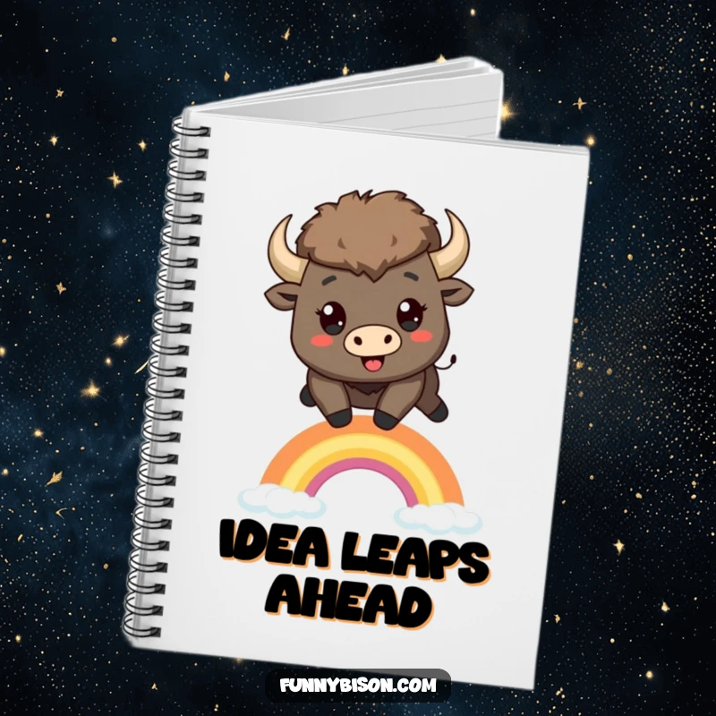 Funny Kawaii bison notebook with a happy bison leaping over a small, stylized rainbow, encouraging creative and joyful writing.