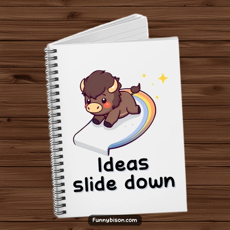 Funny Kawaii bison notebook with a happy bison sliding down a sparkling, curved rainbow, encouraging exciting and creative writing.
