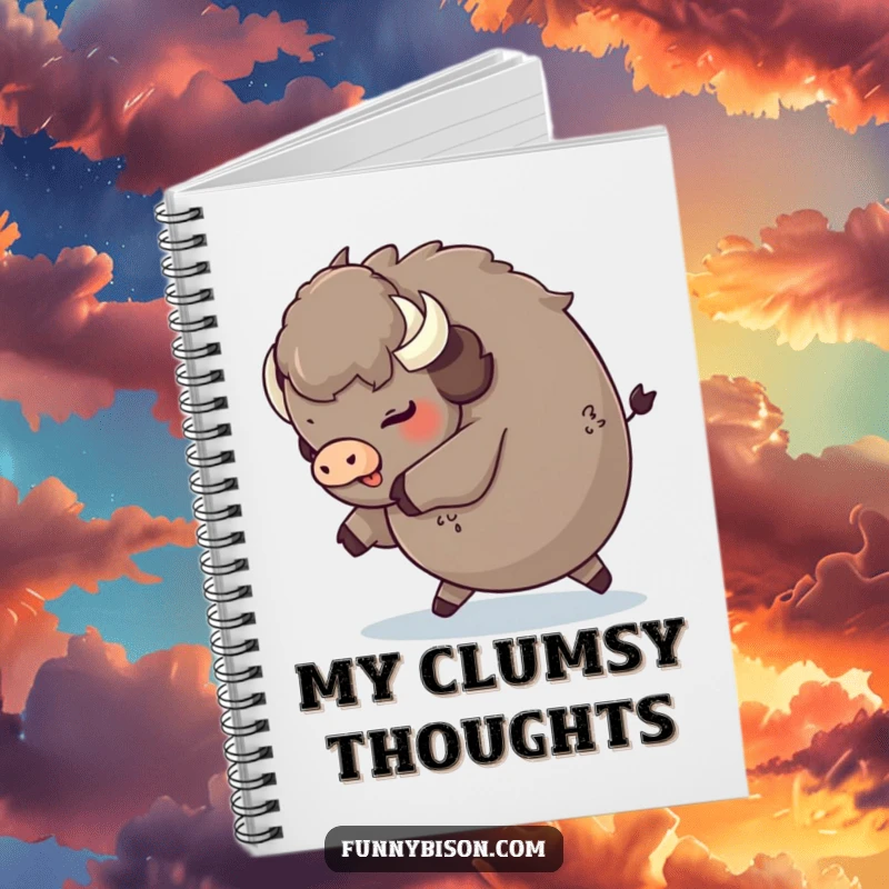 Funny round bison tripping playfully and landing on its fluffy rear, featured on the cover of this humorous and playful notebook.
