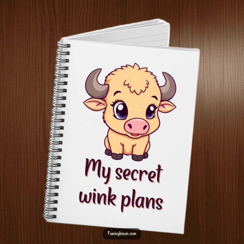 Funny notebook featuring a cute bison calf with a large eye giving a charming wink, perfect for jotting down notes.