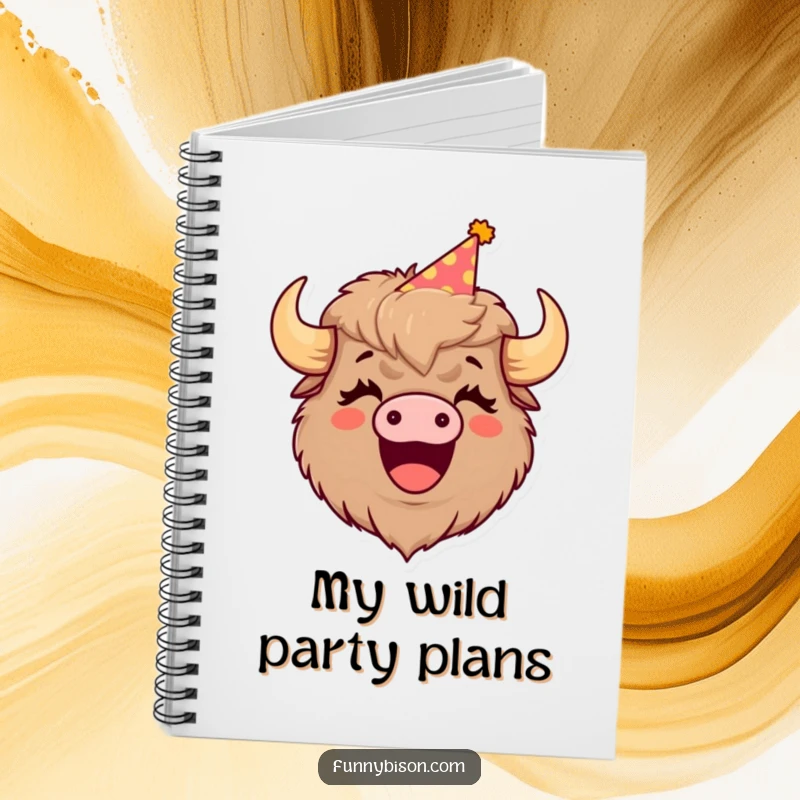 Funny notebook cover featuring a cute bison in a party hat, its mouth wide in a celebratory laugh, ready for your notes.