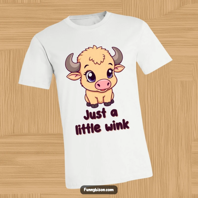 Funny t-shirt with a cute bison calf giving a charming wink with one big, adorable eye, full of playful personality.