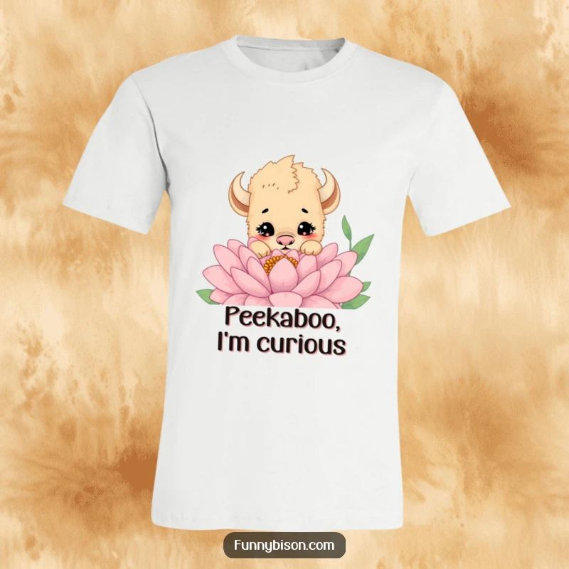 Funny t-shirt with a cute bison cub peeking over a giant flower with a curious, wide-eyed expression, full of sweet wonder.