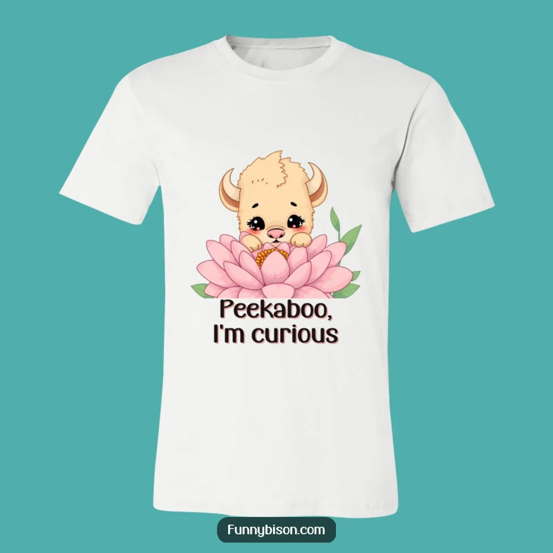 Funny Bison Cub Flower Tee: Curious Peek Design, Cute Funny Gift