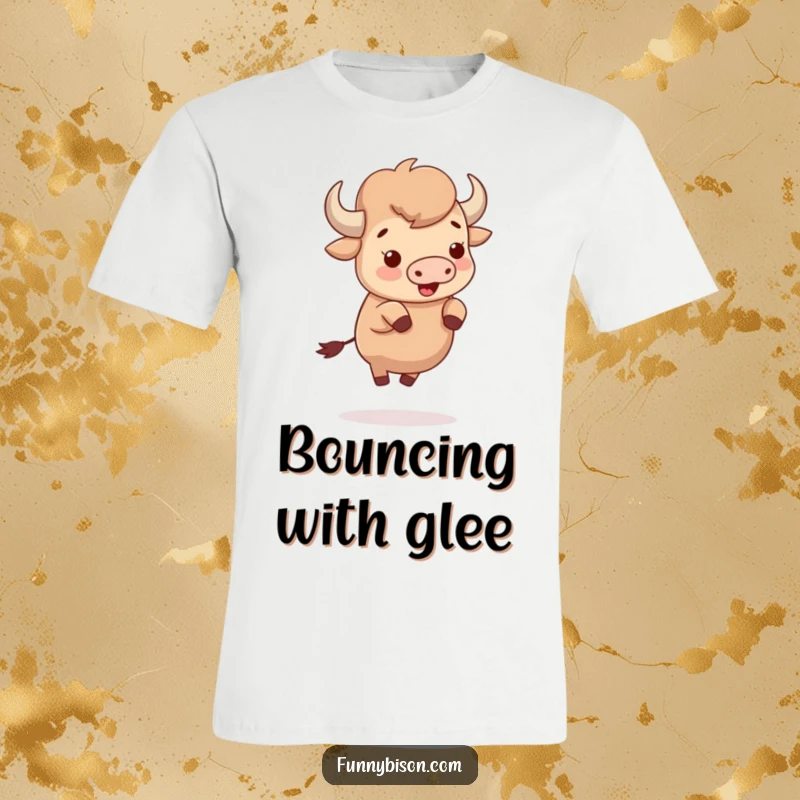 Funny cute bison joyfully bouncing with sheer delight on its tiny hooves, depicted in a charming and humorous t-shirt graphic.