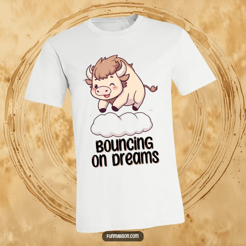 Funny Kawaii bison t-shirt showing a happy bison enthusiastically bouncing high on a large, soft cloud.
