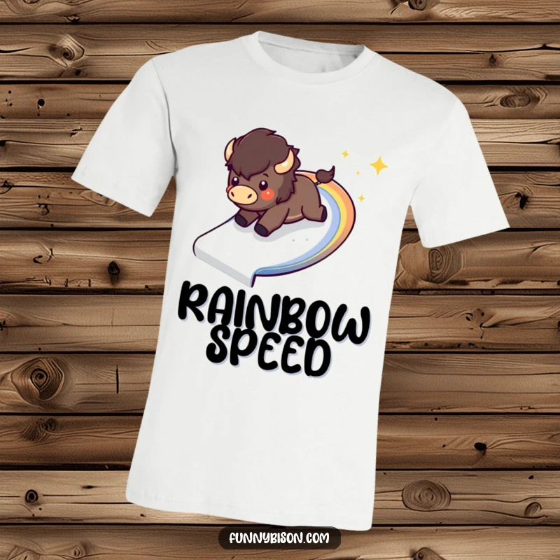 Funny Kawaii bison t-shirt showing a happy bison excitedly sliding down a sparkling, curved rainbow slide.