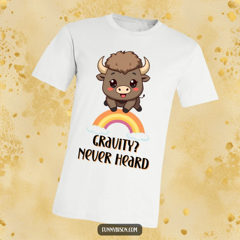 Funny Kawaii bison t-shirt showing a happy bison with big eyes leaping energetically over a small, colorful rainbow.