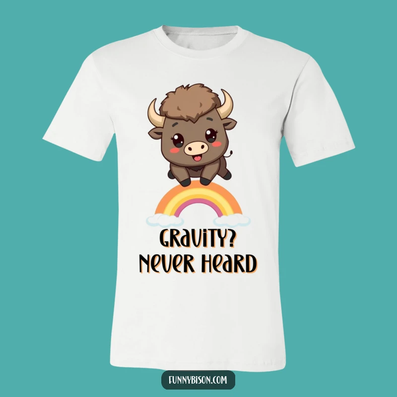 Funny Kawaii Bison Rainbow Leap T-Shirt - Awesome Bison Graphic Tee Gift