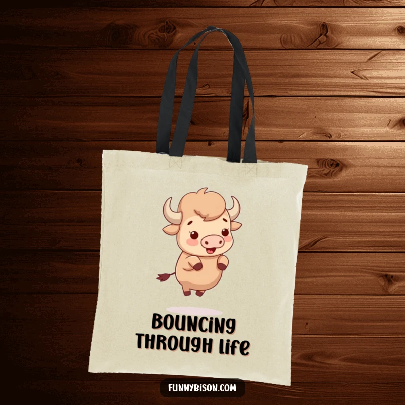 Funny cute bison depicted bouncing with sheer delight on tiny hooves, showcased on a durable and humorous tote bag.