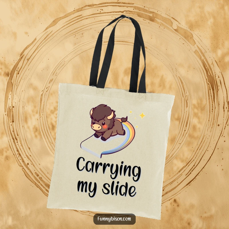 Funny Kawaii bison tote bag featuring a happy bison sliding down a sparkling, curved rainbow, perfect for daily adventures.