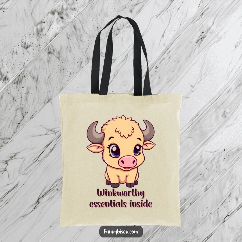Funny tote bag adorned with a cute bison calf giving a playful wink with its large eye, adding a touch of charm.