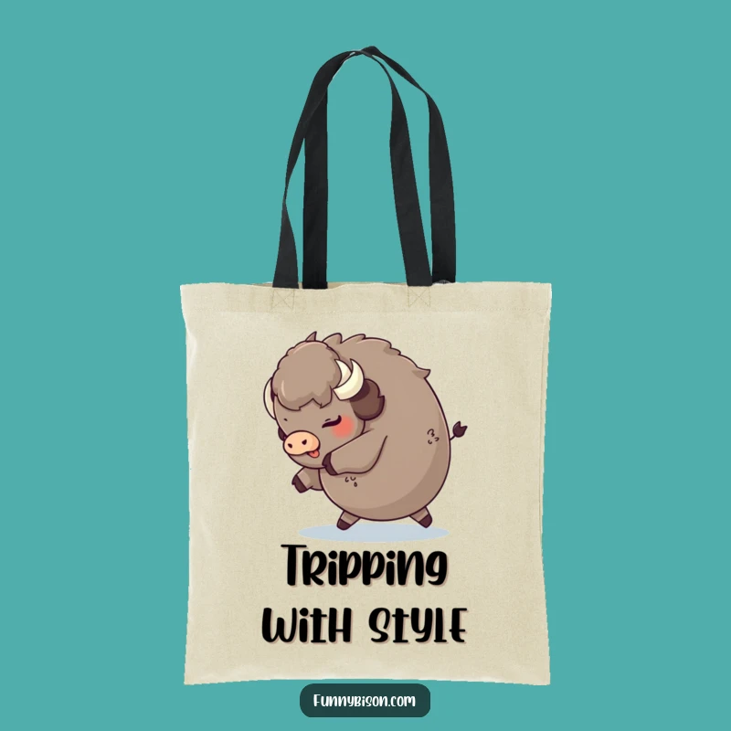 Funny Round Bison Tripping Tote Bag - Playful Fluffy Bison Carry-All