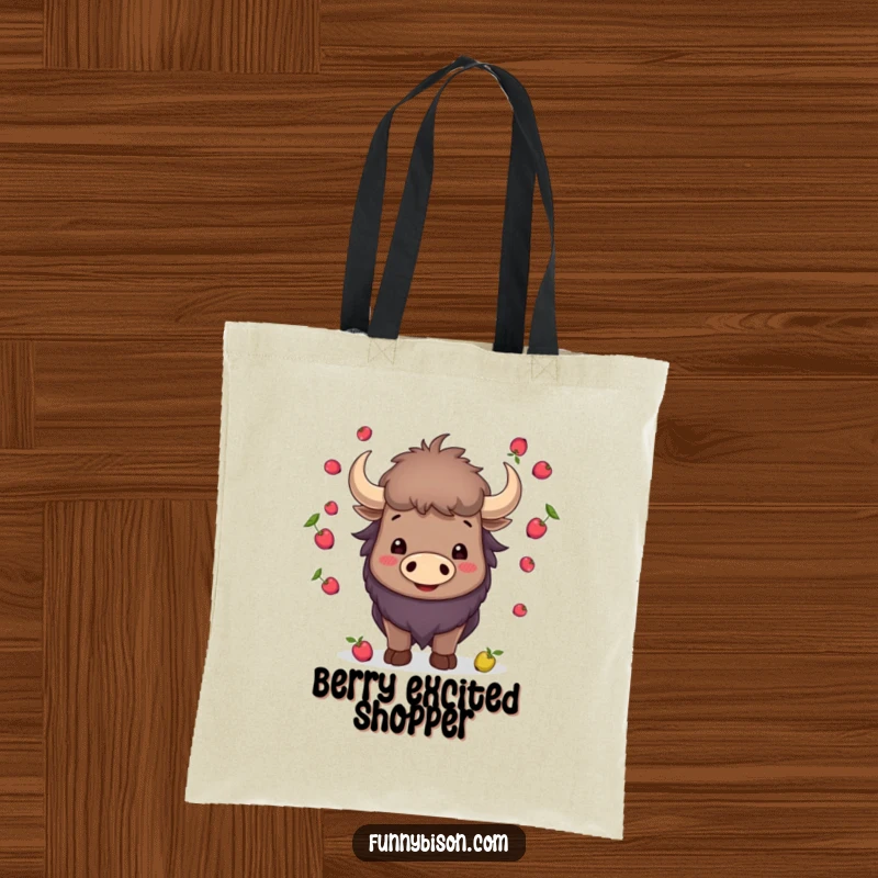 Funny smiling bison artfully juggling small berries with its horns, showcased on a durable and humorous tote bag.